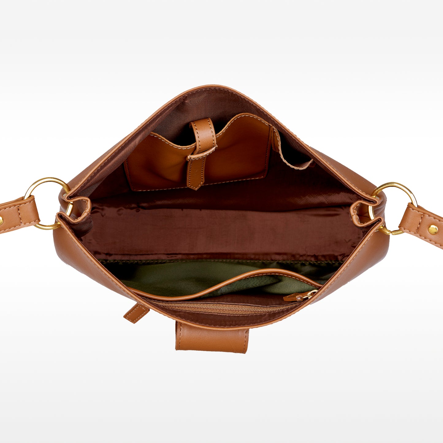 Innenraum der Umhängetasche aus Kaktus-Leder in Cognac